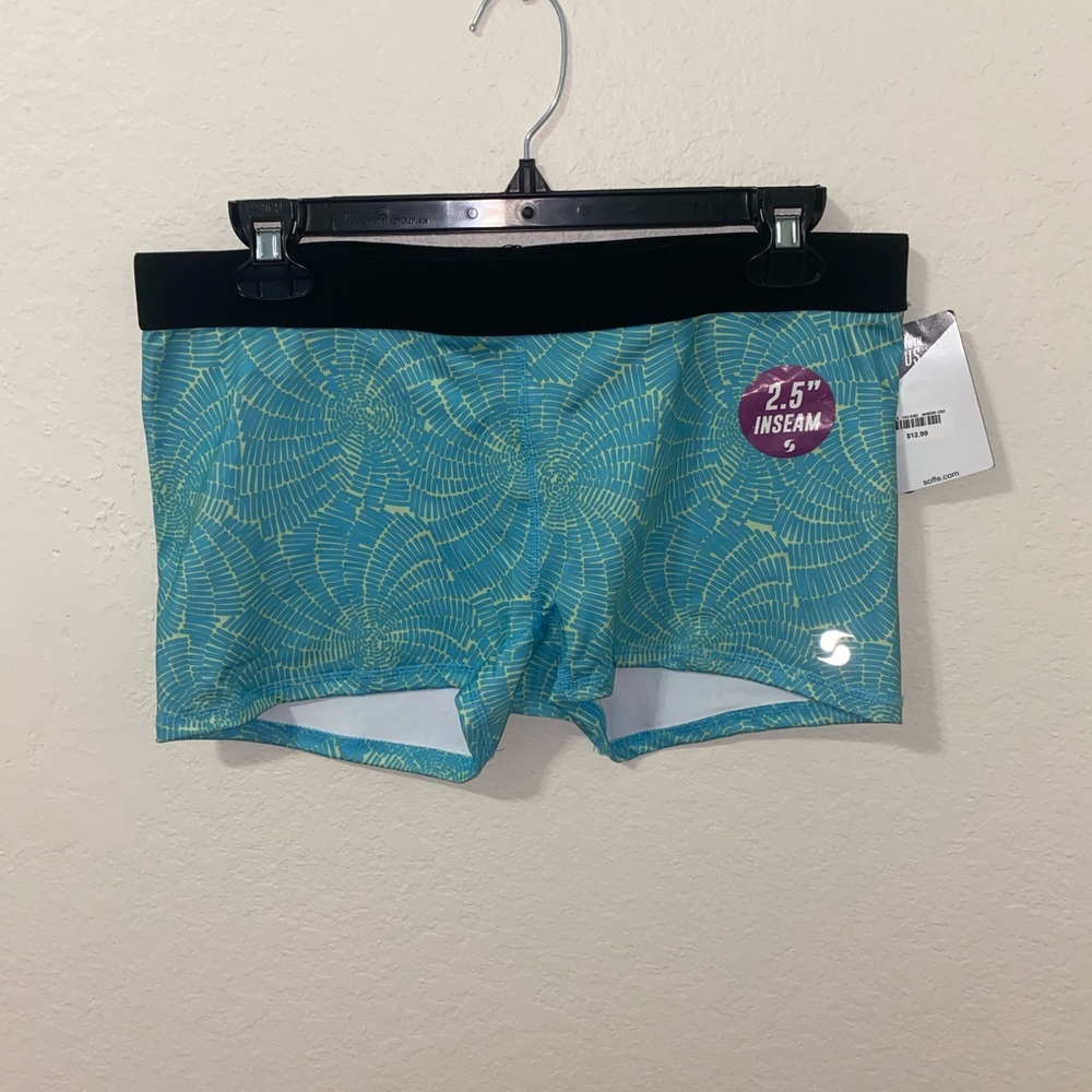 Teal and neon green biker shorts soffe